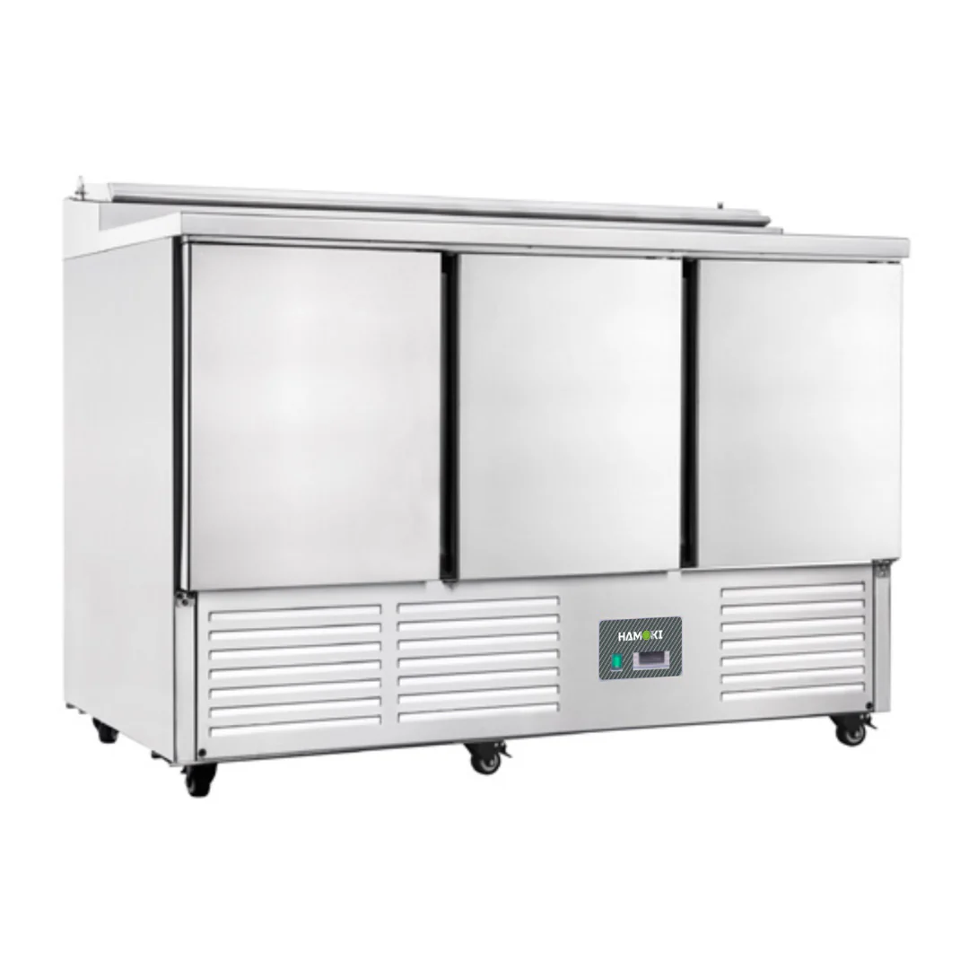 3 Door Refrigerated Salad Prep Counter With Stainless Steel Lid And 